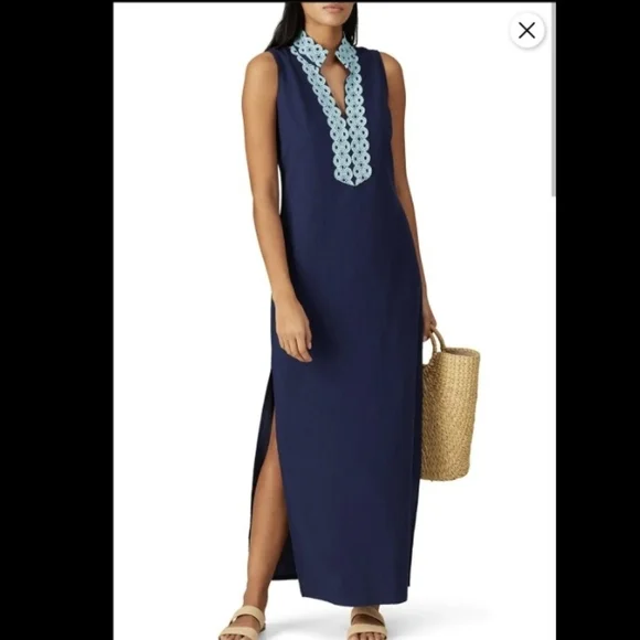 STS SAIL TO SABLE Column Notch Collar Sleeveless Maxi Dress Blue White Striped - Picture 13 of 15